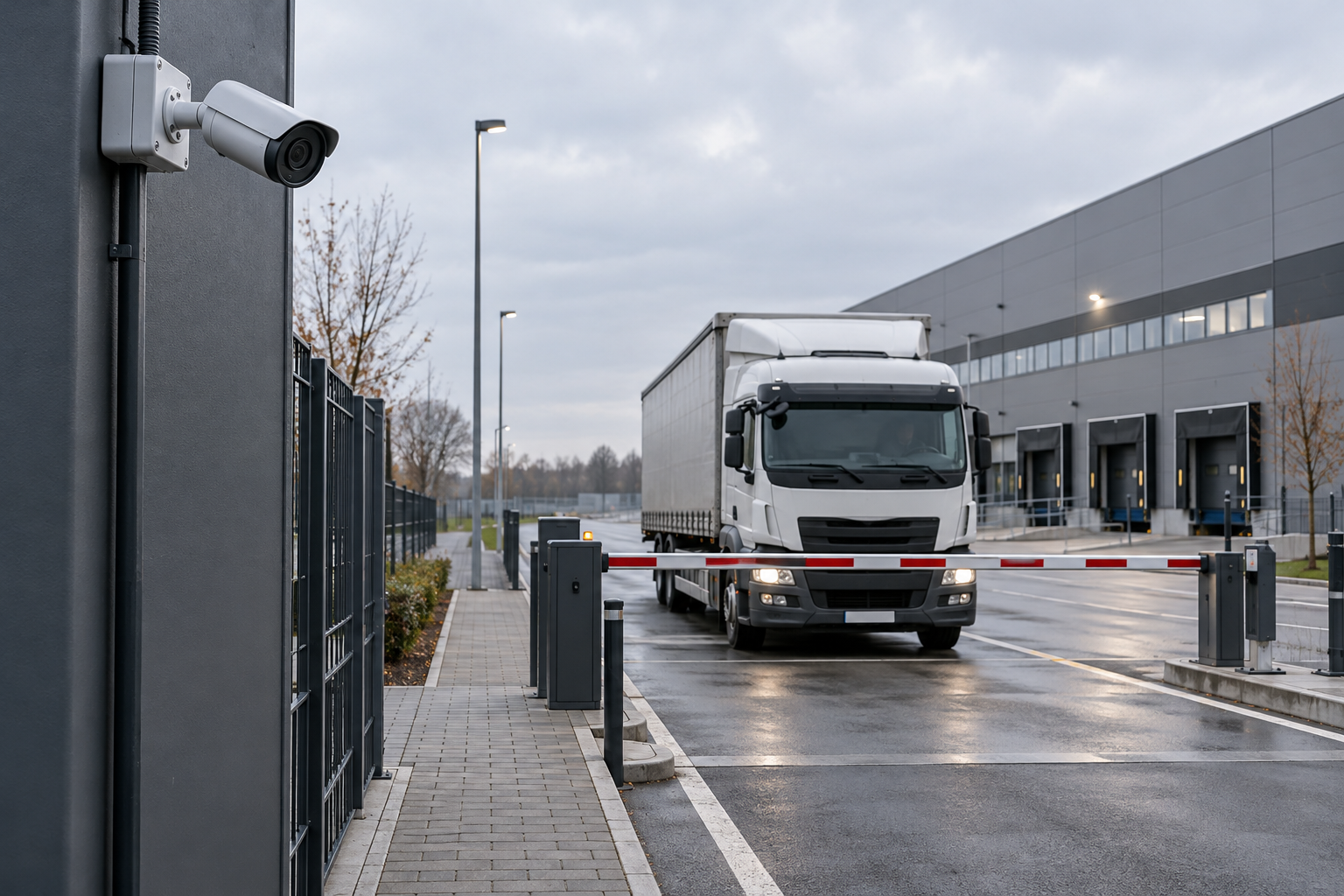 AI illustration of a camera beside a logistics-site entrance and vehicle barrier