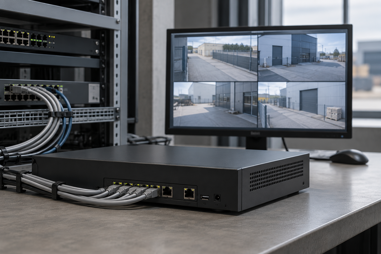 AI illustration of a network video recorder and monitor with industrial-site camera views