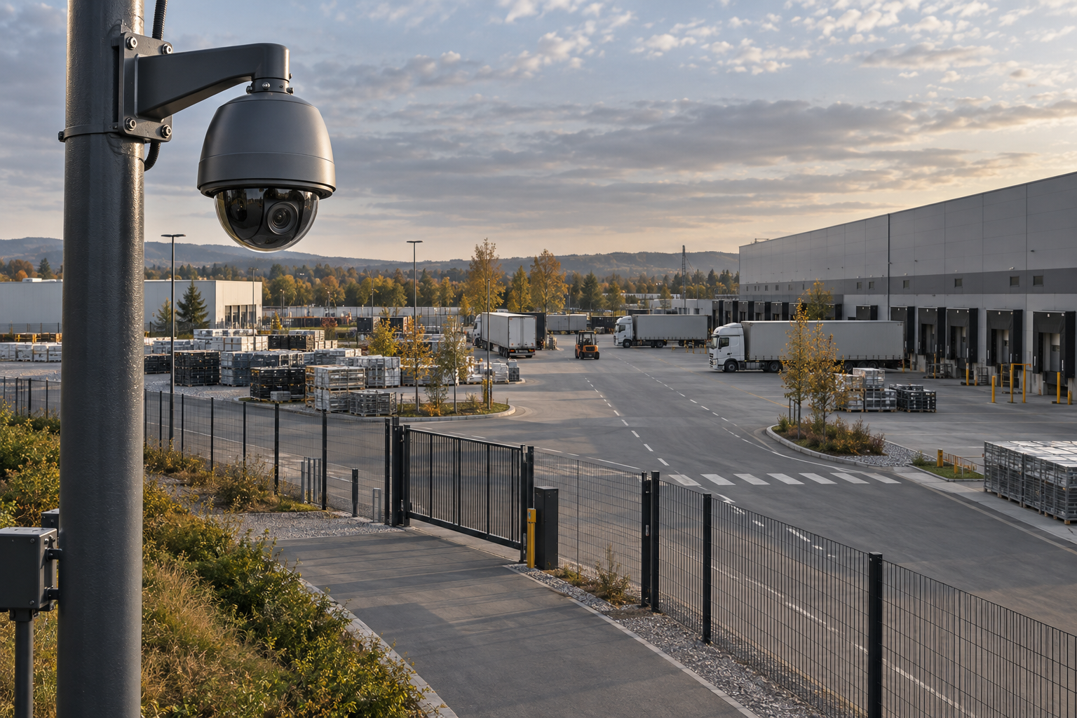 AI illustration of a PTZ camera overlooking a fenced industrial logistics yard